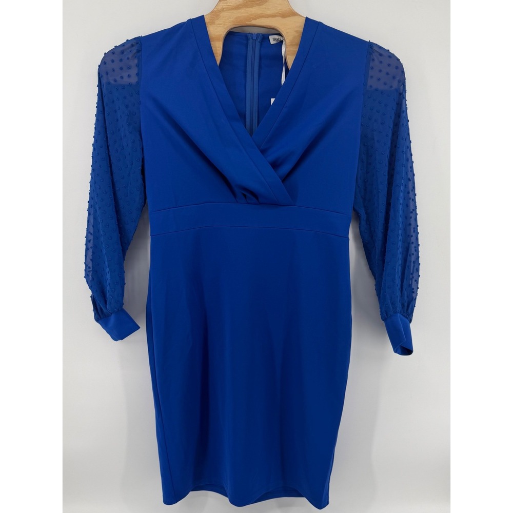 Grace Karin Dress Womens XL Royal Blue‎ Swiss Dot Sleeve V-Neck Sheath Cocktail